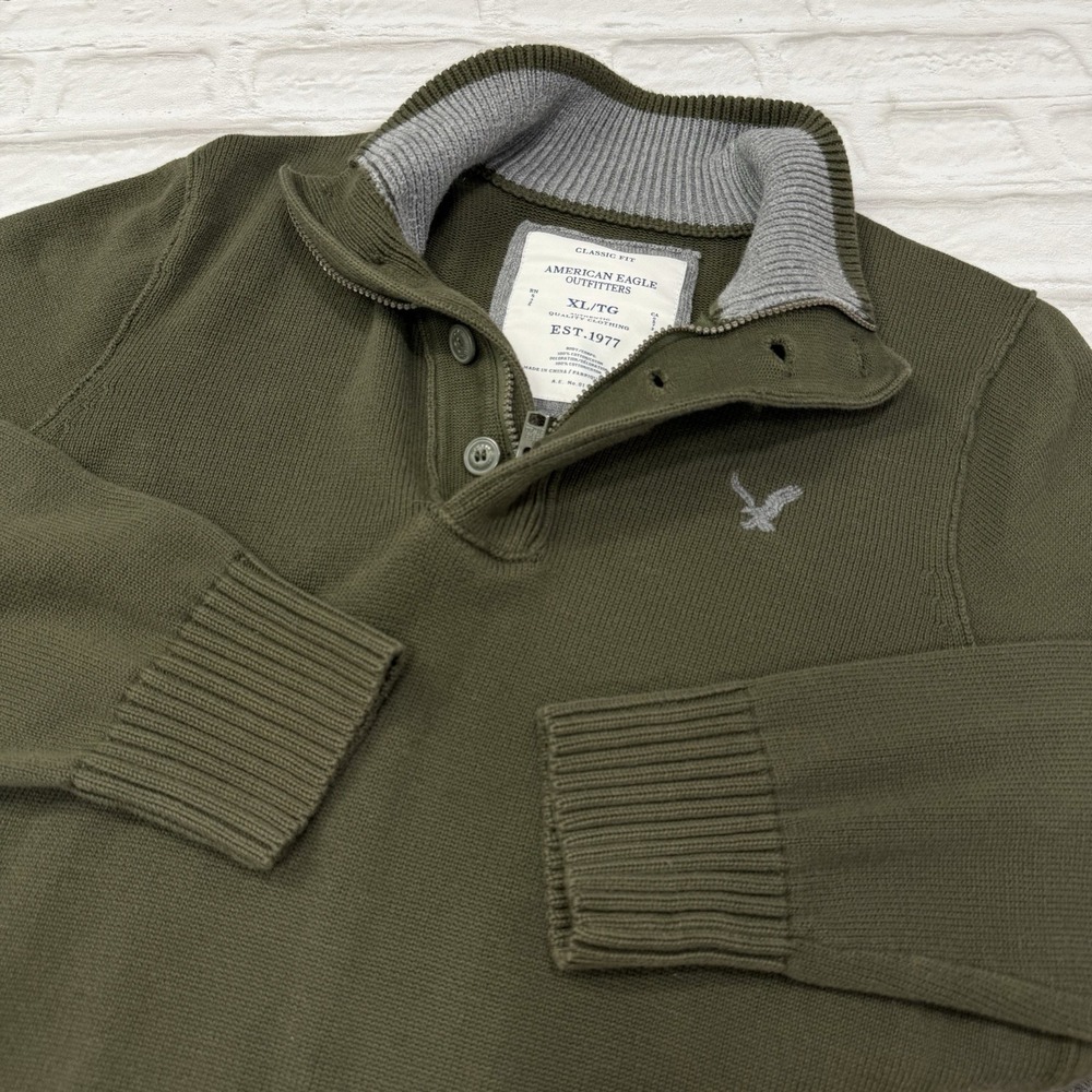 Y2K American Eagle Men's XL Sweater Quarter Zip Mock Neck Amy Green Preppy Nice!